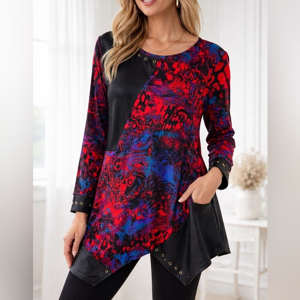 Calessa Asymmetrical Tunic Top Large Red Blue Abstract Faux Leather Hem Grommets